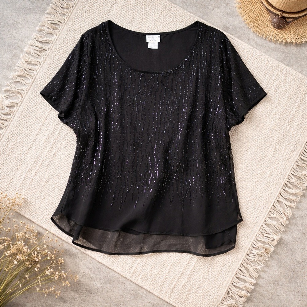 ROAMANS 3X Black Sequin Overlay Sheer Blouse Top Plus‎ Size 26W NWT
